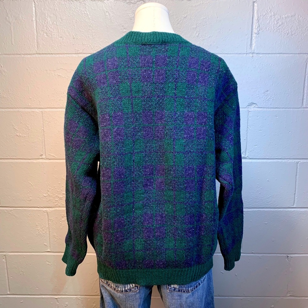 Vintage Benetton Shetland Wool Plaid Sweater Green Blue Women's Medium - Picture 3 of 5